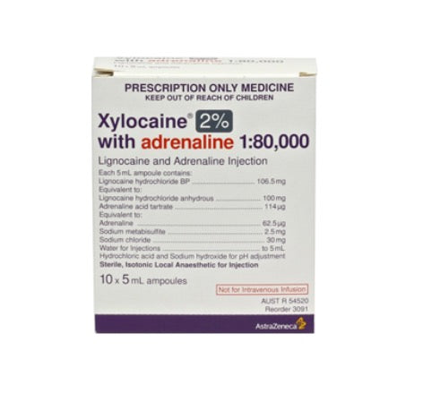 2% Xylocaine with Adrenaline 1:80,000 Injection 5mL Ampoules - Box of 10